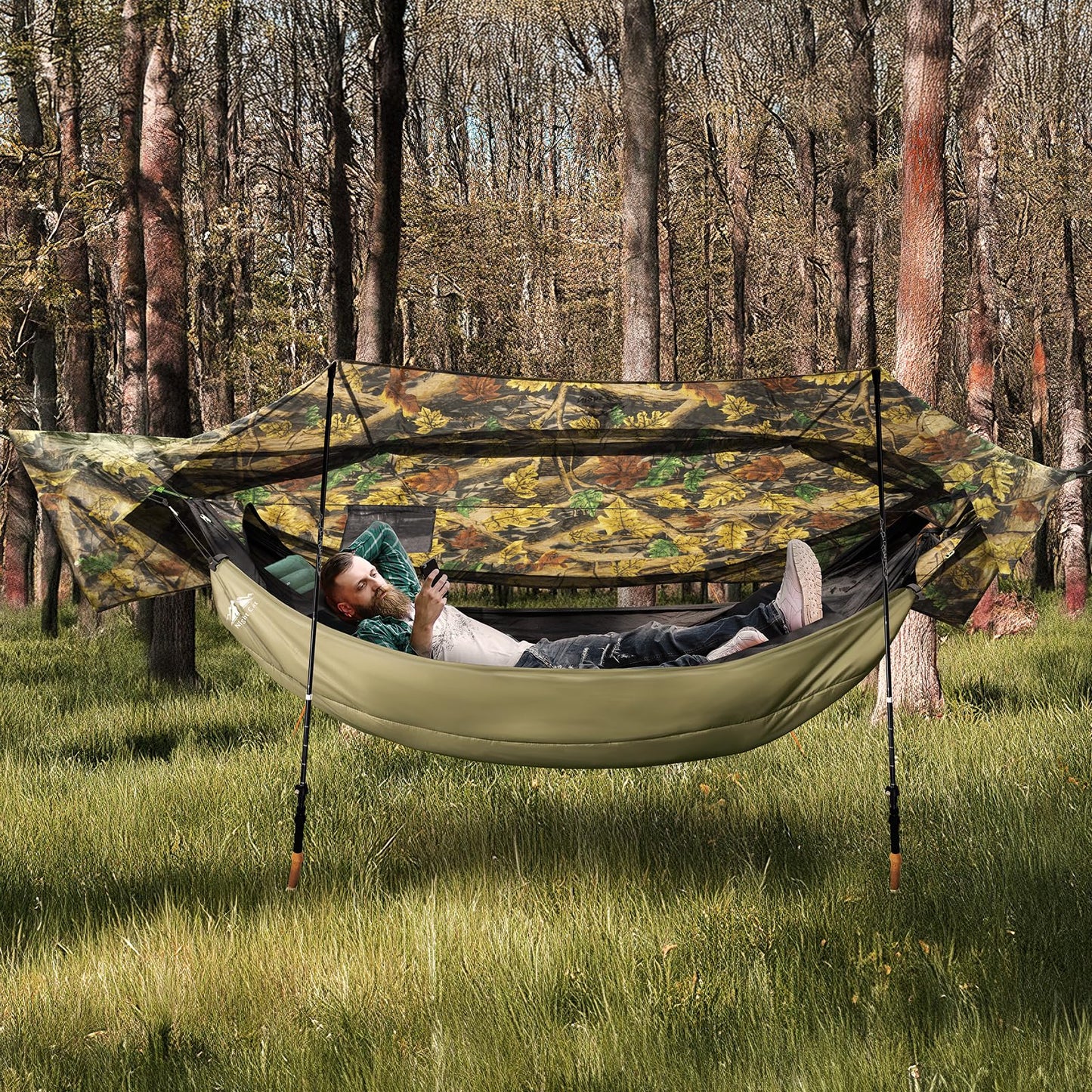 Night Cat Camping Hammock Tent: Lightweight Portable 4 in 1 Hammock with Rain Tarp and Mosquito Net for Adults Hiking Jungle Outdoor Camouflage
