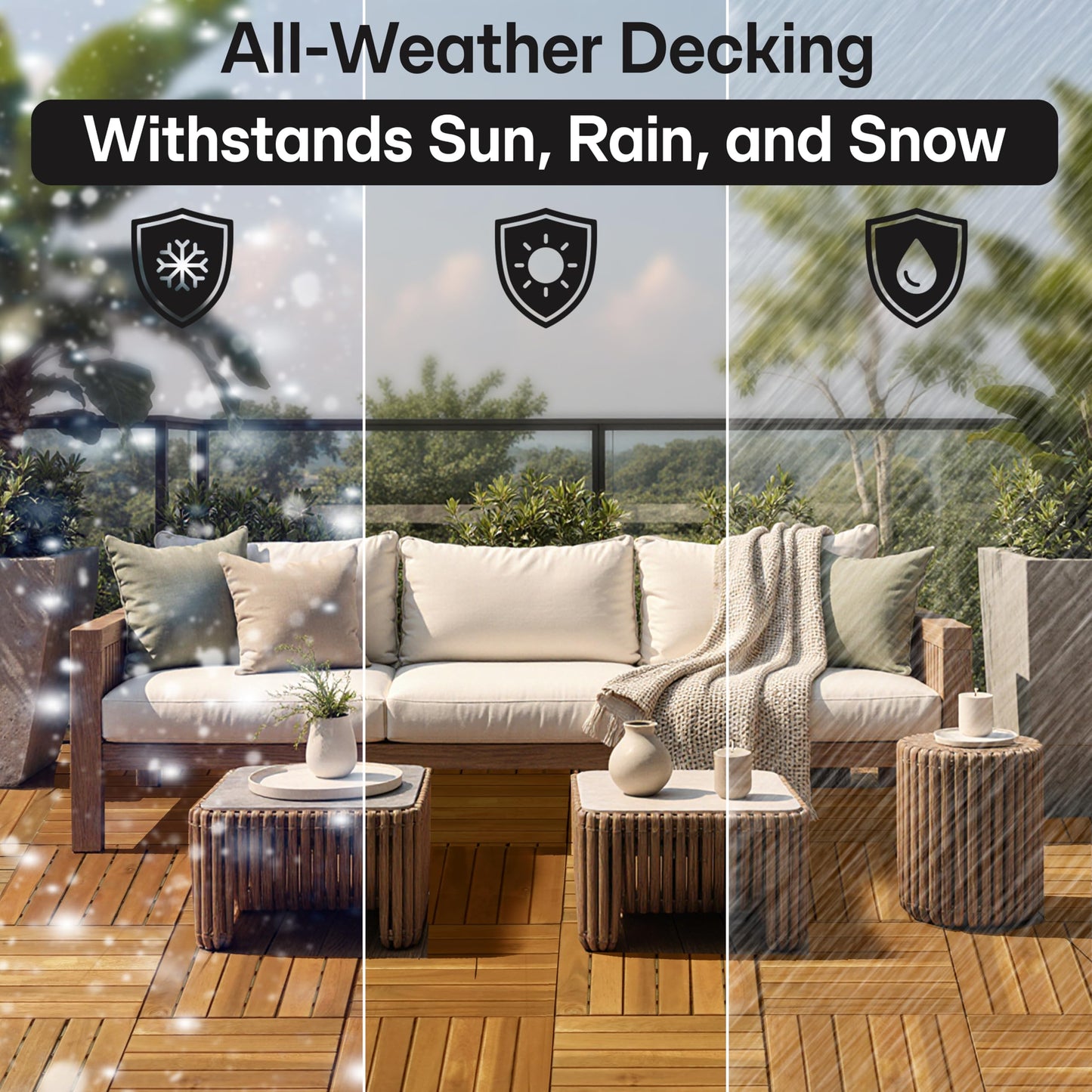 Megsu Wood Interlocking Deck Tiles - 12"x12" Indoor & Outdoor Flooring Tiles for Balcony, Backyard & Poolside, Weather & UV Resistant (Natural - Striped Pattern, 27 Pcs - 27 Square Ft)
