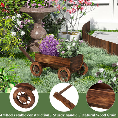 PULIJIAJU Wooden Wagon Garden Planter Cart with Wheels Rustic Flower Pot – Indoor Outdoor Patio Backyard Balcony Decor for Succulents, Flowers and Plants（Carbonized-L