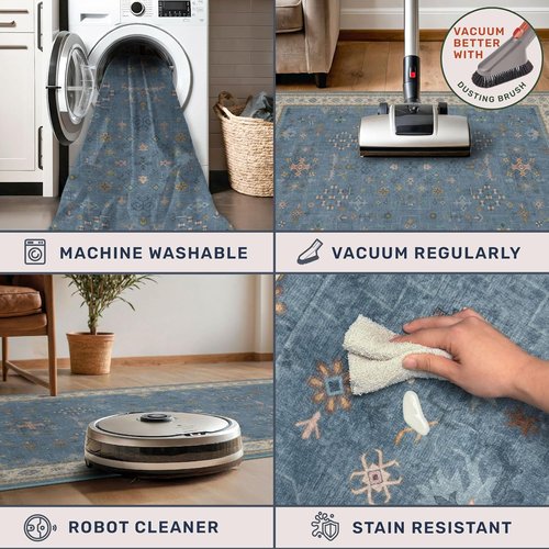 Hazo Haus Non-Slip 10ft Long Hallway Runner Rug - Washable & Waterproof Blue 2x10 Kitchen Mat | Modern Boho Design