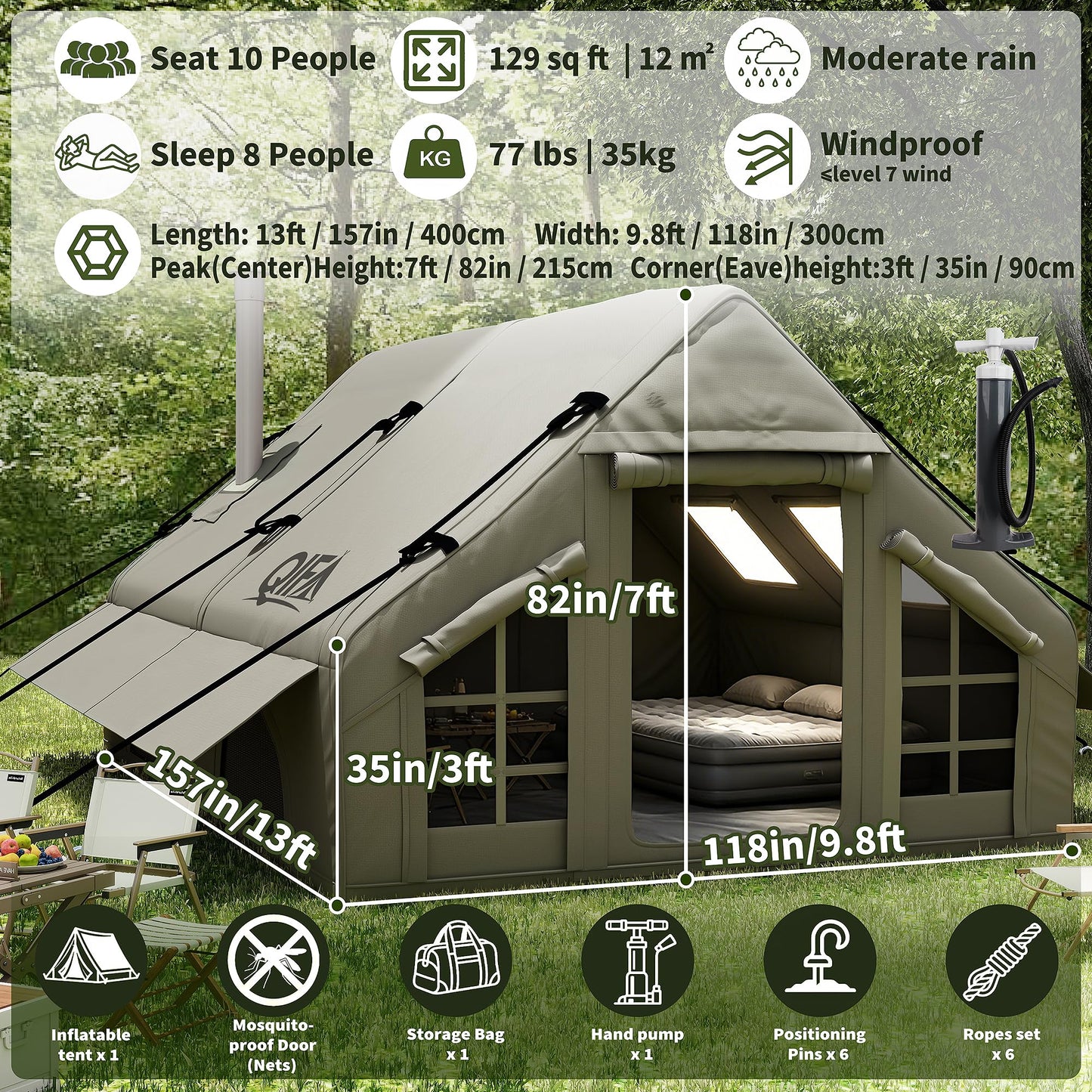 QIFA (129sq ft) 8-12 Person Large Luxury Inflatable Camping Tents with Stove Jack, Easy Setup Blow Up Tent with Hand Pump,Waterproof (Heavy-Duty) 600D Oxford Fabric for Adult 4 Seasons Khaki Green