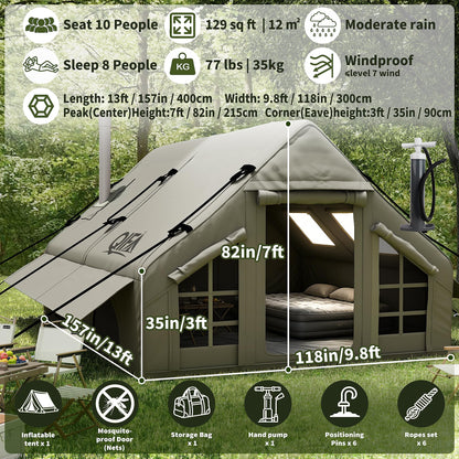 QIFA (129sq ft) 8-12 Person Large Luxury Inflatable Camping Tents with Stove Jack, Easy Setup Blow Up Tent with Hand Pump,Waterproof (Heavy-Duty) 600D Oxford Fabric for Adult 4 Seasons Khaki Green
