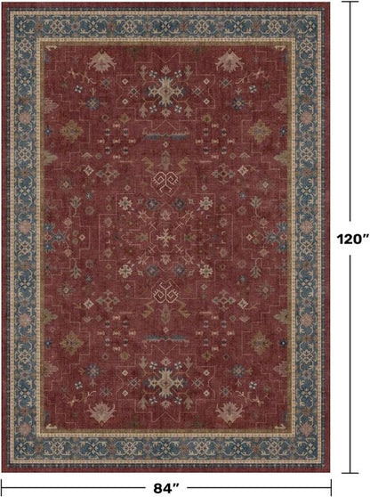 Hazo Haus Oriental Area Rug - Large 7x10 Burgundy Soft Non-Slip Design for Bedroom & Living Room