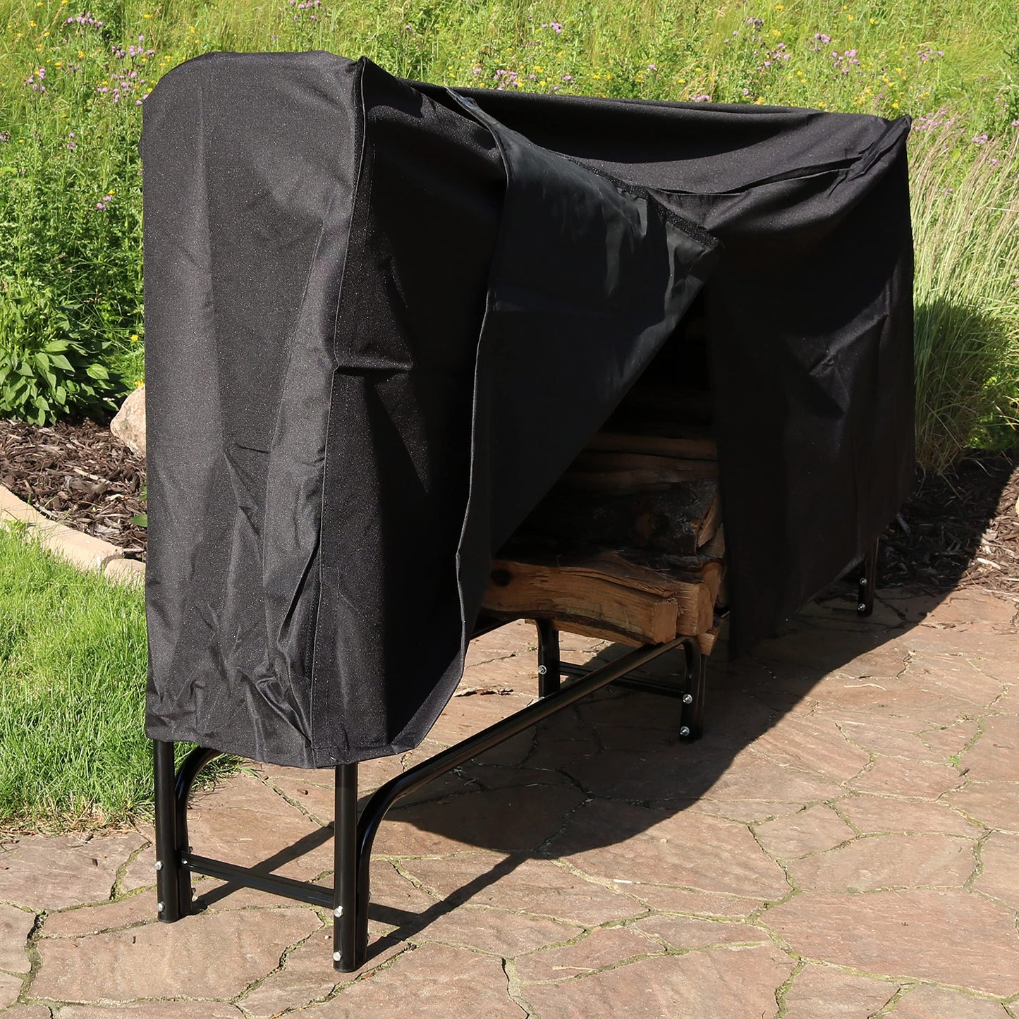Sunnydaze 8-Foot Firewood Rack with Cover - Outdoor Wood Storage - Heavy-Duty Steel Log Holder - 1500-lb Capacity