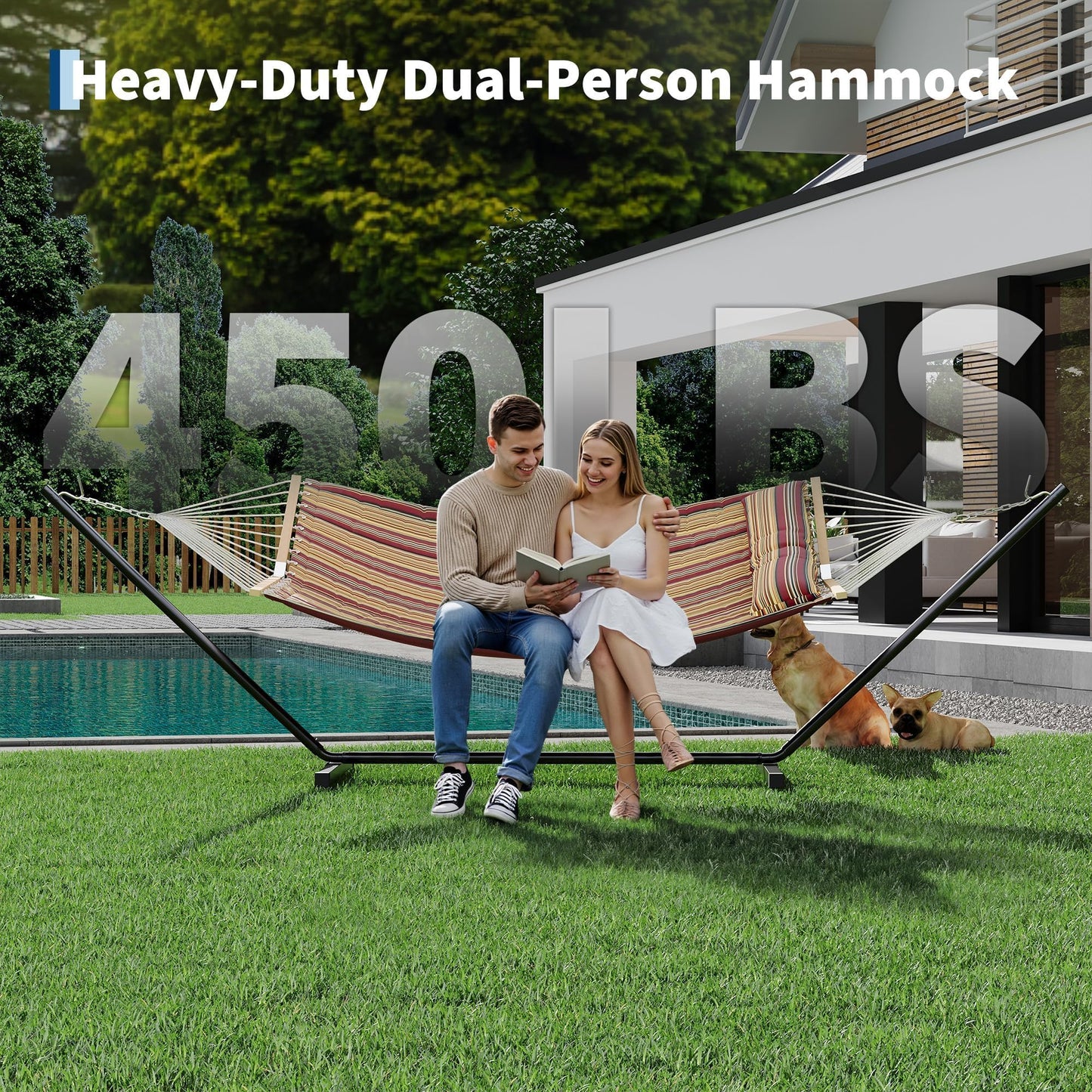 GarveeHome Portable 2 Person Double Hammock with Sturdy Heavy-Duty Steel Stand – 450LBS Max Load, Quick & Effortless Assembly, Perfect for Indoor Living, Yard, Patio & Camping Trips