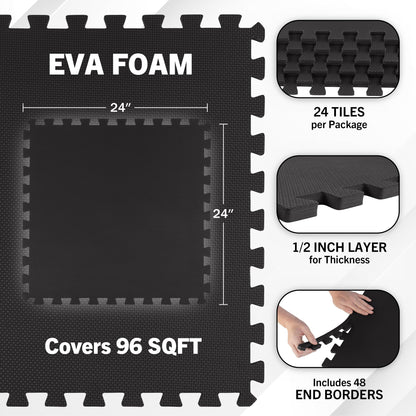 EVA Foam Mat Tiles 24-Pack - 96 SQ FT of Interlocking Padding for Garage, Playroom, or Gym Flooring - Exercise Mat or Baby Playmat by Stalwart (Black)