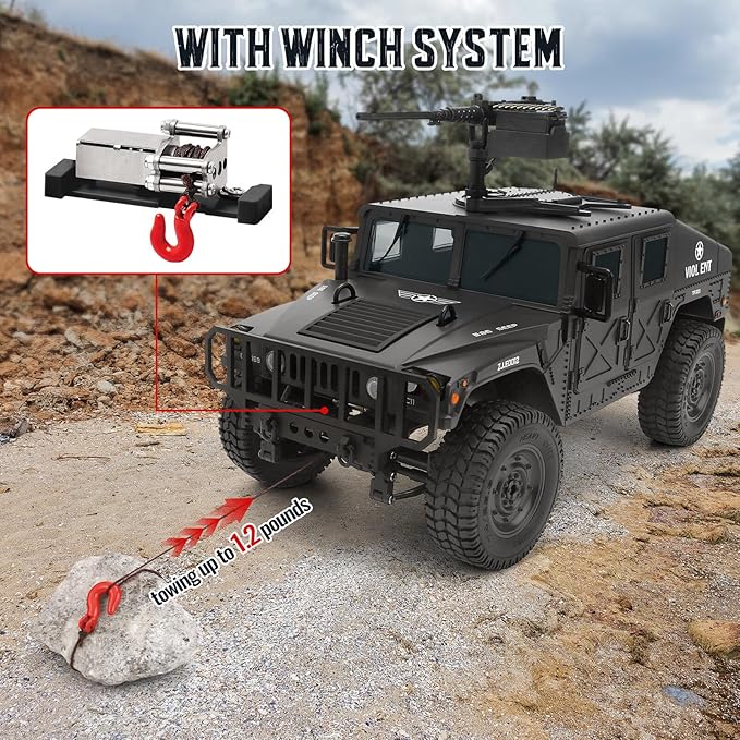 1:14 Scale 4WD Off-Road Car RC Crawler Military Truck with Winch Led Light All-Terrain Remote Control Car RTR Hobby Toy Armored Vehicle Gift for Boys Adults