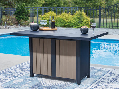 Signature Design by Ashley Mabry Shores Contemporary MEGA-TUFF™ HDPE Weather Resistant Outdoor Bar Table with Fire Pit and Adjustable Flame Control, Blue & Beige