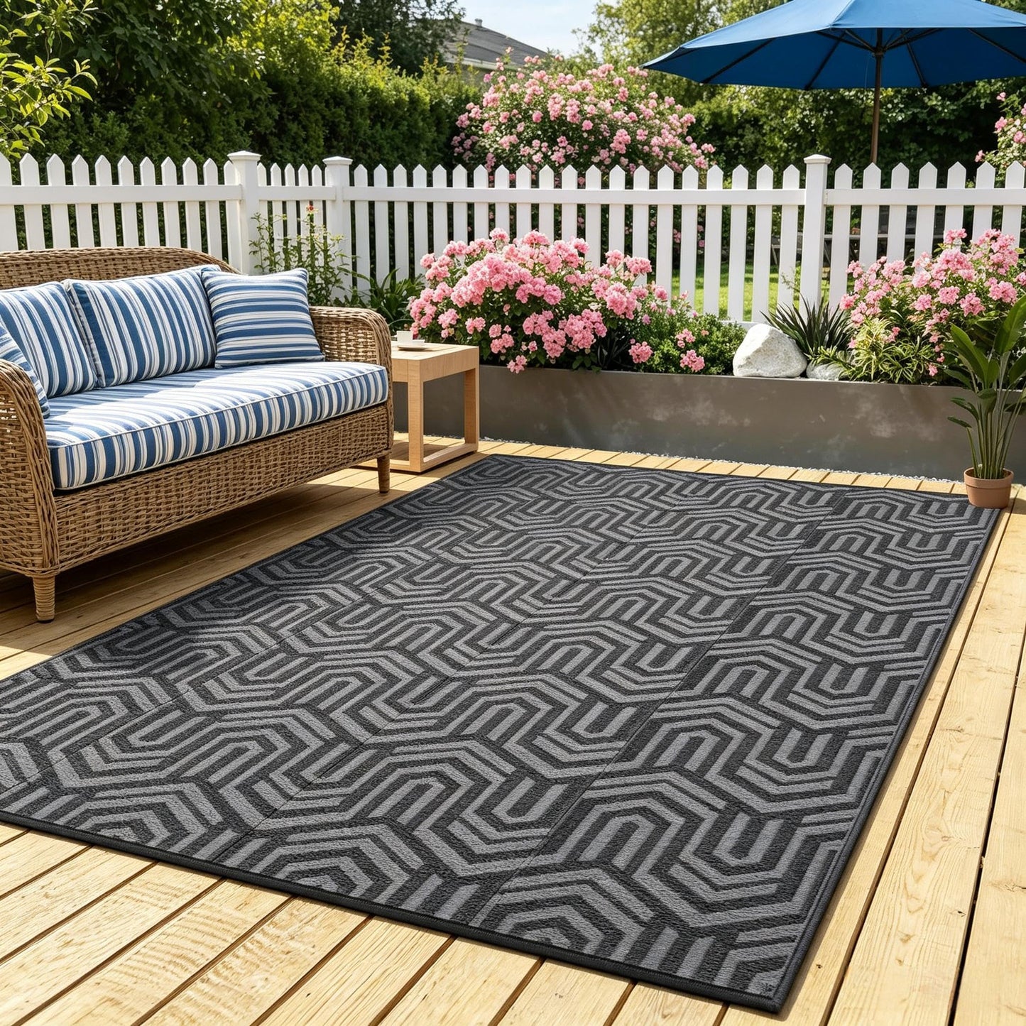 GAOMON 10'x14' Outdoor Rug Waterproof, Reversible Plastic Straw Rug for Poolside, Gazebo, Outdoor Dining Area, Backyard Party – UV Resistant, Heavy Duty, Easy Clean for High Traffic Areas, Black&Grey