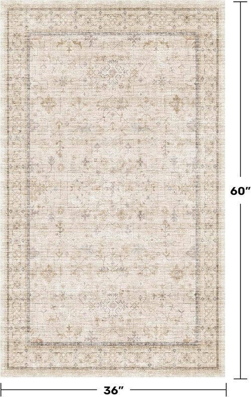 Farmhouse Bathroom Rug by Washable Cream - Non-Slip 3x5 Area Rug for Kitchen, Bedroom & Entryway in Soft Beige