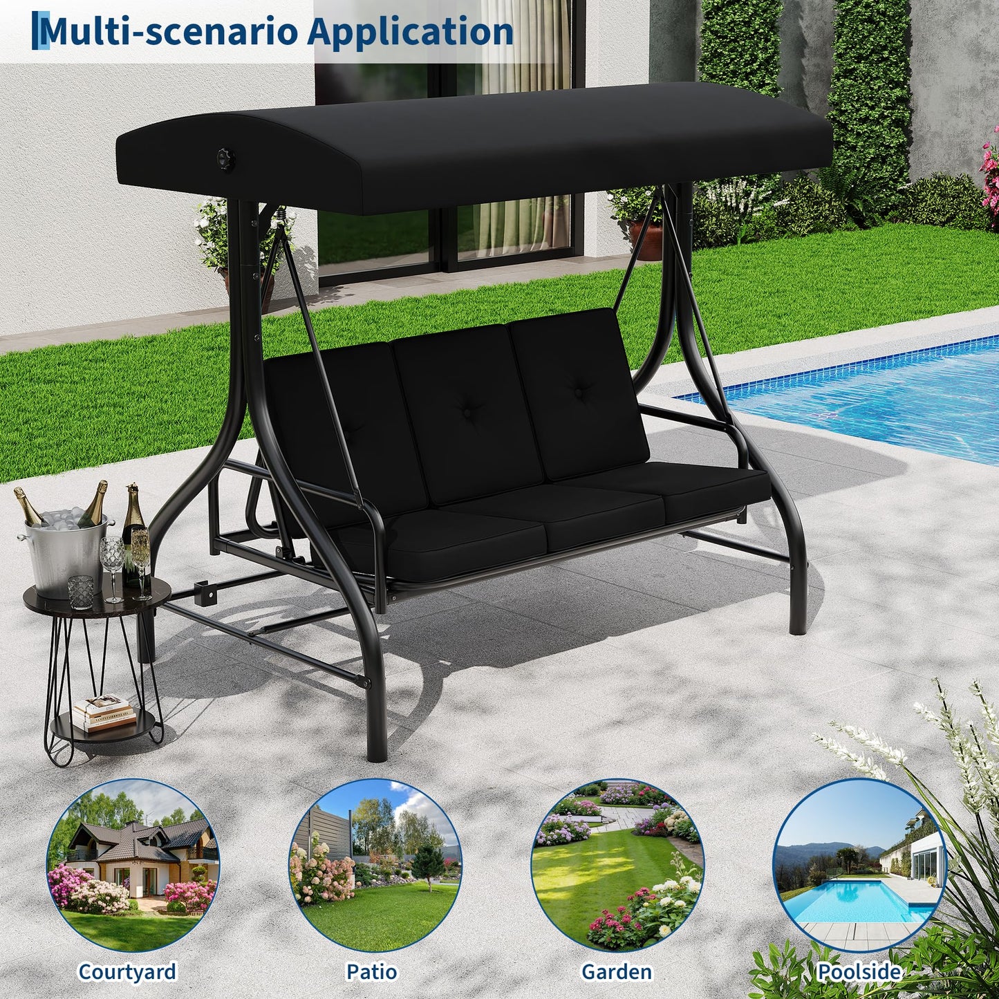 Garvee 3 Seater Outdoor Porch Swing with Stand for Adults, 2-in-1 Convertible Design Patio Swing, Thick Soft Cushion & Adjustable Removable Canopy, for Backyard Garden Patio Poolside - Black
