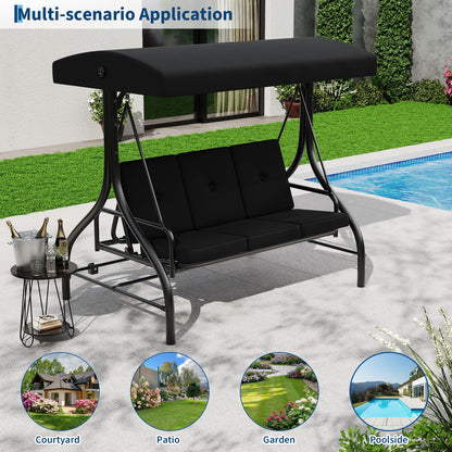 Garvee 3 Seater Outdoor Porch Swing with Stand for Adults, 2-in-1 Convertible Design Patio Swing, Thick Soft Cushion & Adjustable Removable Canopy, for Backyard Garden Patio Poolside - Black