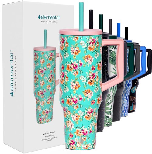 Elemental 40 oz Tumbler with Handle and Straw - Spill Proof Insulated Stainless Steel Commuter for Cold Beverages - Travel Coffee Mug with 2 Straws & Spill Proof Lid - 40oz - Vintage Flower