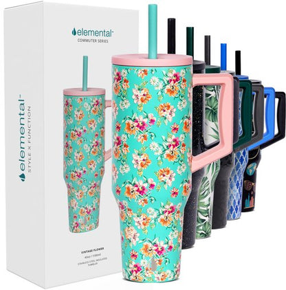 Elemental 40 oz Tumbler with Handle and Straw - Spill Proof Insulated Stainless Steel Commuter for Cold Beverages - Travel Coffee Mug with 2 Straws & Spill Proof Lid - 40oz - Vintage Flower