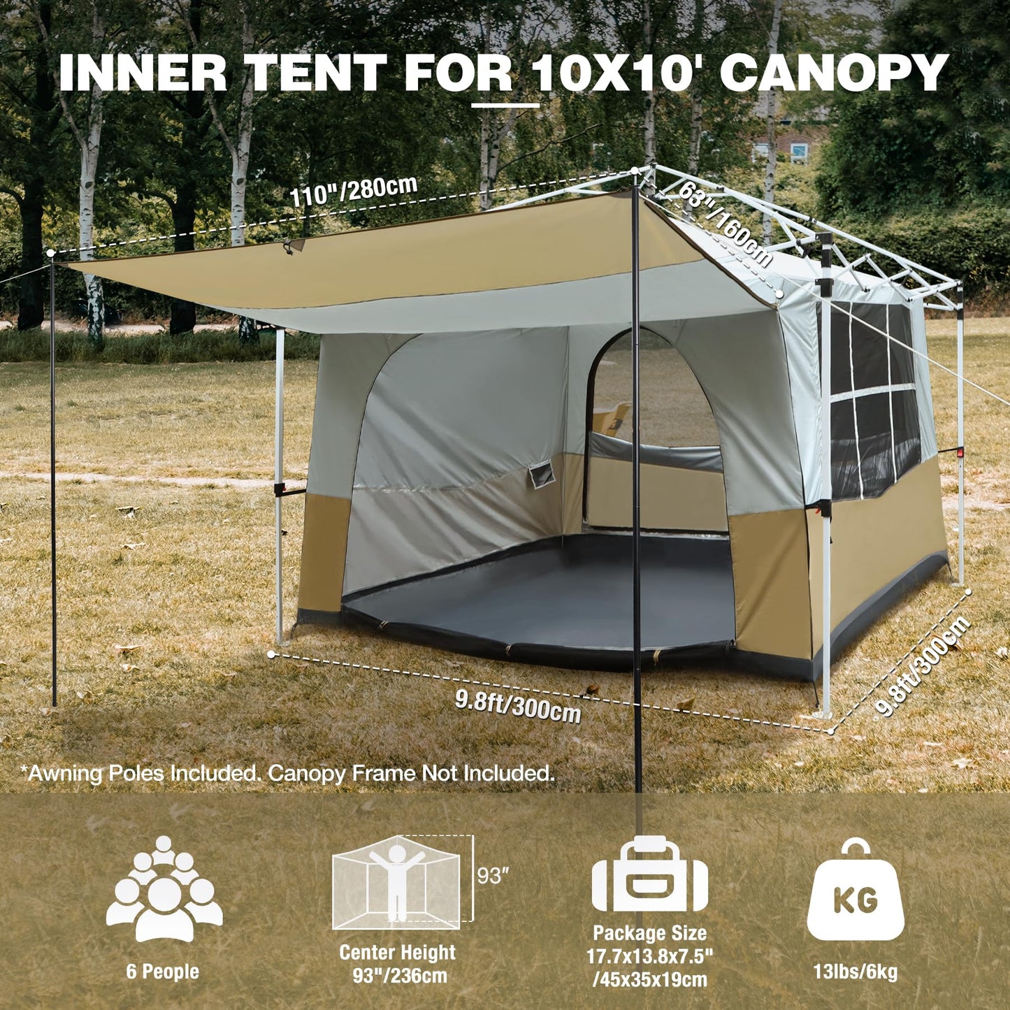 REDCAMP Canopy Camping Tent, Inner Tent with Awning Porch, Converts Straight Leg 10'x10' or 10'x20' Canopy into Camping Shelter, Fits 6 Person, Tawny(Frame/Shelter NOT Included)