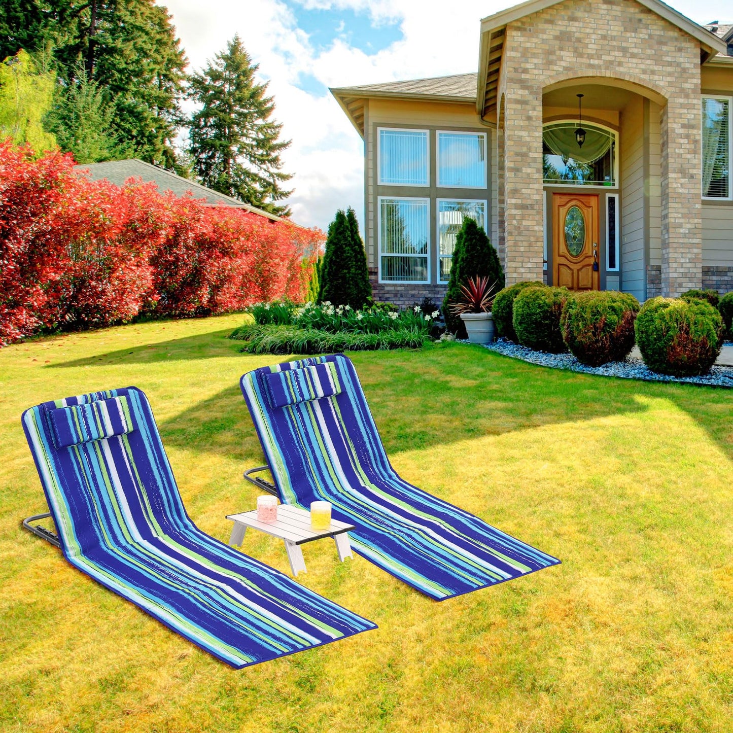 Beeveer 4 Pcs Beach Lounge Chair for Adult with 2 Pack Folding Tables Portable Adjustable Lightweight Reclining Lounge Beach Chair for Lawn Patio Sunbathing Tanning Picnic BBQ Camping