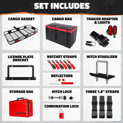 Mockins 70"x30"x6" XXL Folding Trailer Hitch Cargo Carrier w/Rear Lights, Plate Bracket & 40 CuFt Waterproof Cargo Bag for Hitch Carrier | 500 Lbs Cap Luggage Rack for SUV Car & Truck w/Accessories