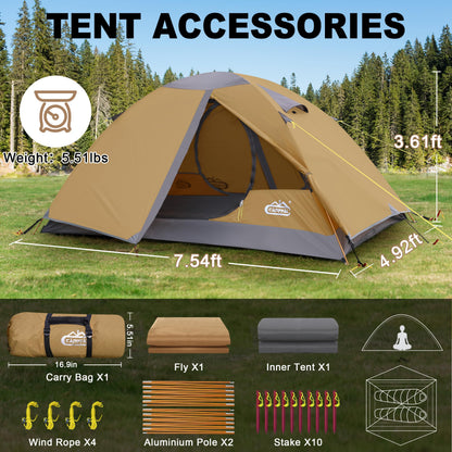 2 Person Backpacking Tent, Waterproof Windproof Two Person Tent, Lightweight Easy Setup 2 Man Tent for Camping, Hiking, Biking, Cycling, Motorbiking, Mountaineering - Khaki