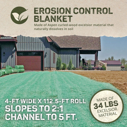 Dewitt 4-Pack Single Net Excelsior Blanket, Green, 4 x 112.5 Feet – Aspen Wood Fiber Erosion Control Mat with Netting for Soil Protection, Grass & Seed Establishment, Ground Cover and Landscaping