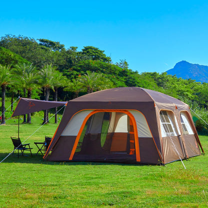 KTT Extra Large Tent 12-14 Person,Family Cabin Tents,2 Rooms,Straight Wall,2 Doors 4 Windows with Mesh,Waterproof,Straight Wall,Big Tent for Outdoor,Picnic,Camping,Gathering(Brown)