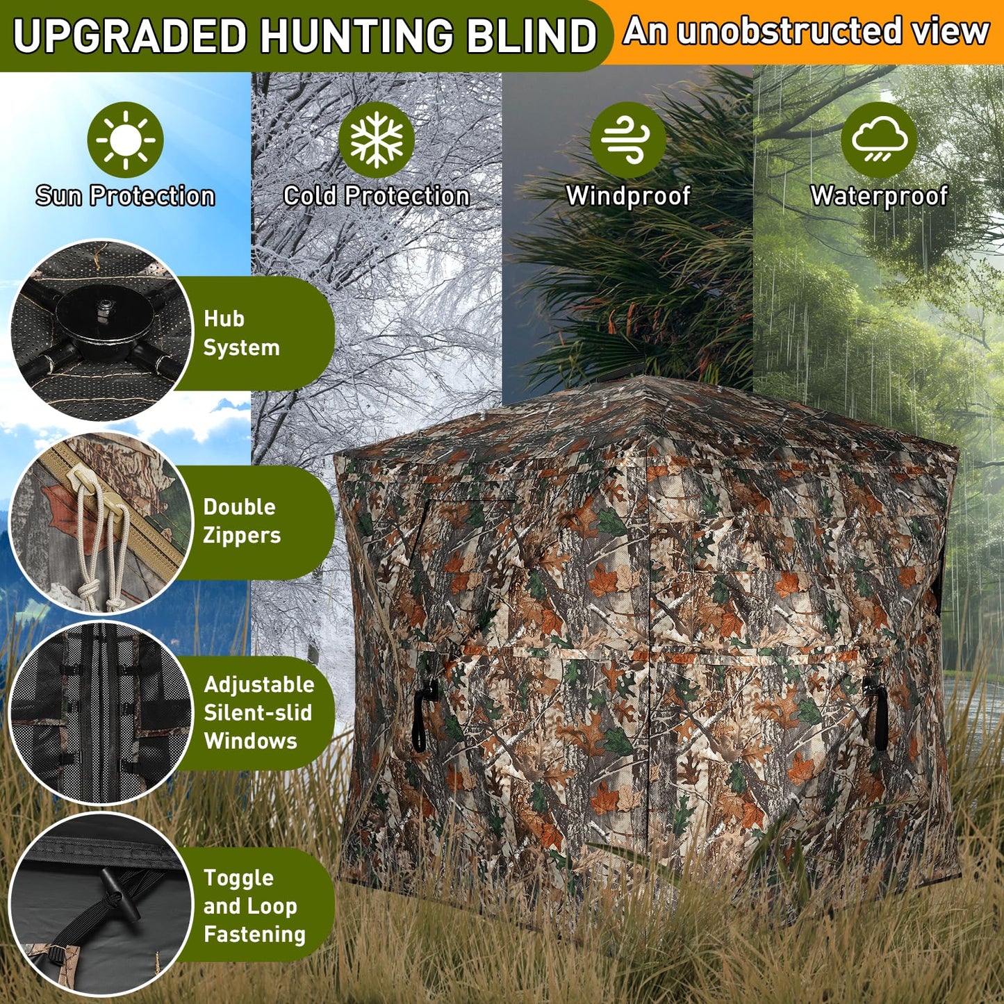 TLC Sport Hunting Blind with Carrying Bag, 360 Degree See Through Ground Blind for 2-3 Person, Camouflage Pop Up Hunting Tent Portable Concealed