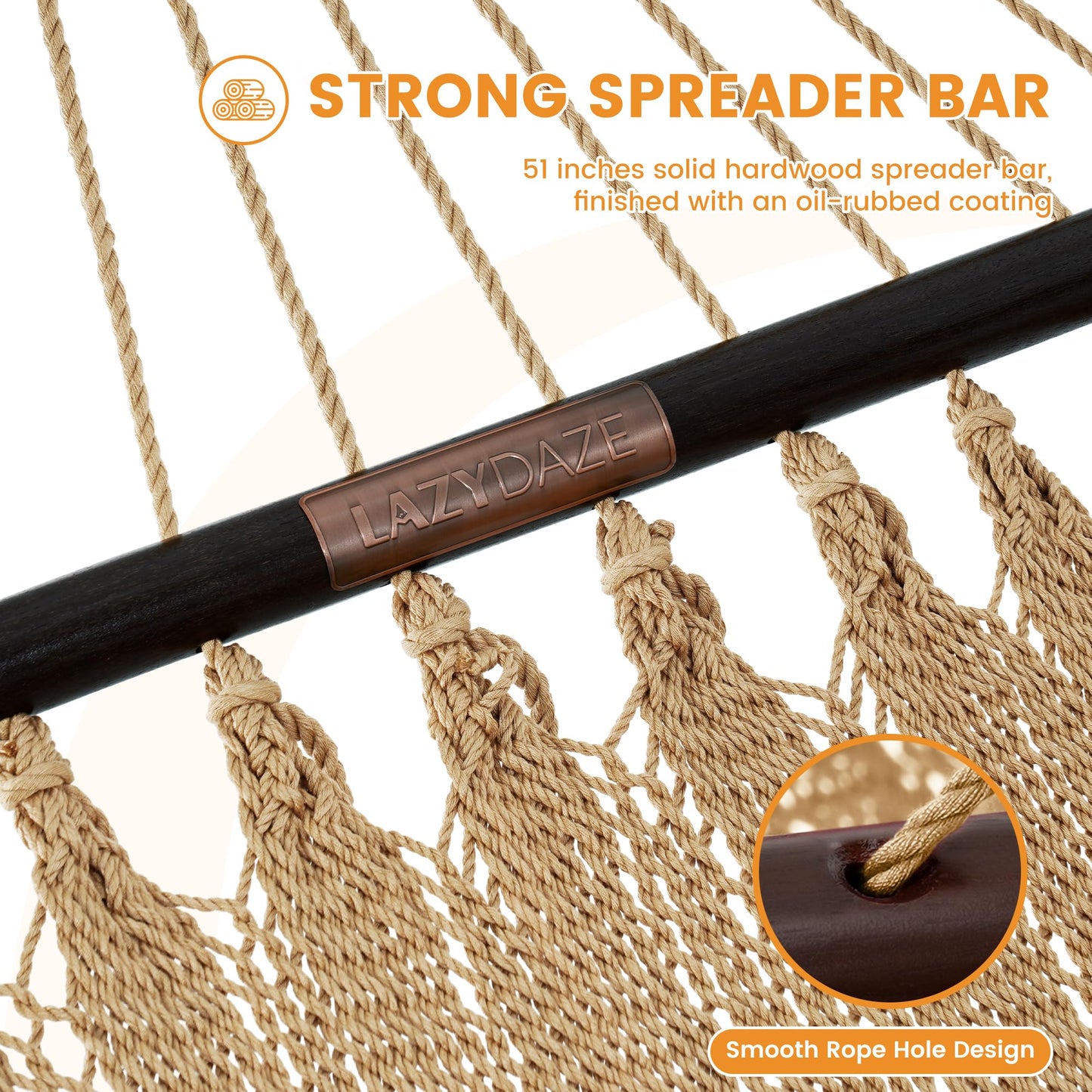 Lazy Daze Hammocks 10.5 FT Double 2 Person Caribbean Rope Hammock, Hand Woven Polyester Hammock with Spreader Bars, for Outside Outdoor Backyard Patio Poolside, 450 LBS Capacity, Tan