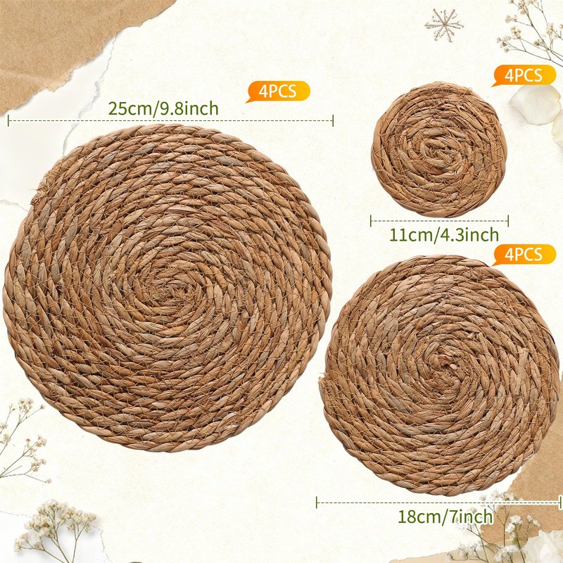12 Pcs Round Straw Woven Coasters and Trivets Set, 4" Absorbent Drink Coasters, 7" 10" Heat Resistant Trivets for Hot Dishes Boho Farmhouse Table Mat for Bowl, Pan, Kitchen Dining Decor Party Supplies