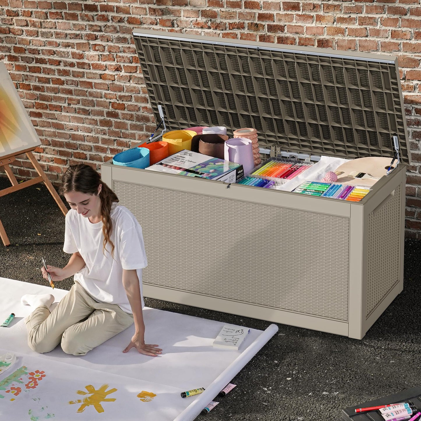 DWVO 320 Gallon Resin Outdoor Storage Box, XXL Large Waterproof Deck Box, Doubles as Table or Seating with 1000 lbs Capacity, Lockable (Brown)