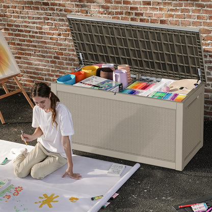 DWVO 320 Gallon Resin Outdoor Storage Box, XXL Large Waterproof Deck Box, Doubles as Table or Seating with 1000 lbs Capacity, Lockable (Brown)