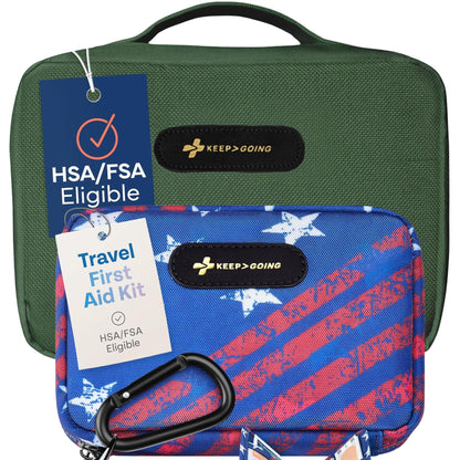 Keep Going Travel First Aid Kit Bundle of 2 Kits, First Aid Kit for Car, Home, Dorm, & Boat with Latex-Free Bandages – Travel Kit Bundle for Families