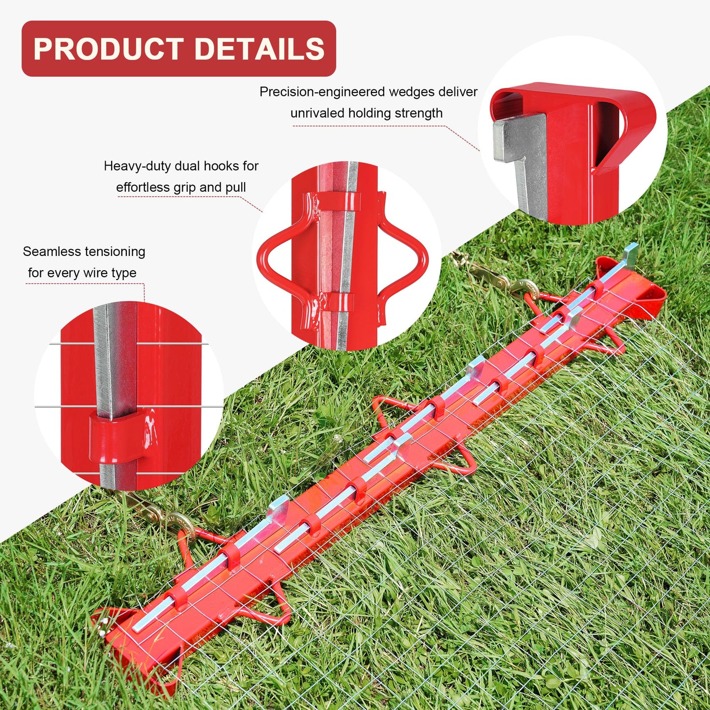 AOPEC 6ft Woven Wire Fence Stretcher Bar with 7 Wedges, Heavy-Duty Carbon Steel Fence Stretcher Tool Wire Puller, Red Anti-Corrosion Coating, 6.67ft Length, Ideal for Farms, Ranches & Outdoor Fencing