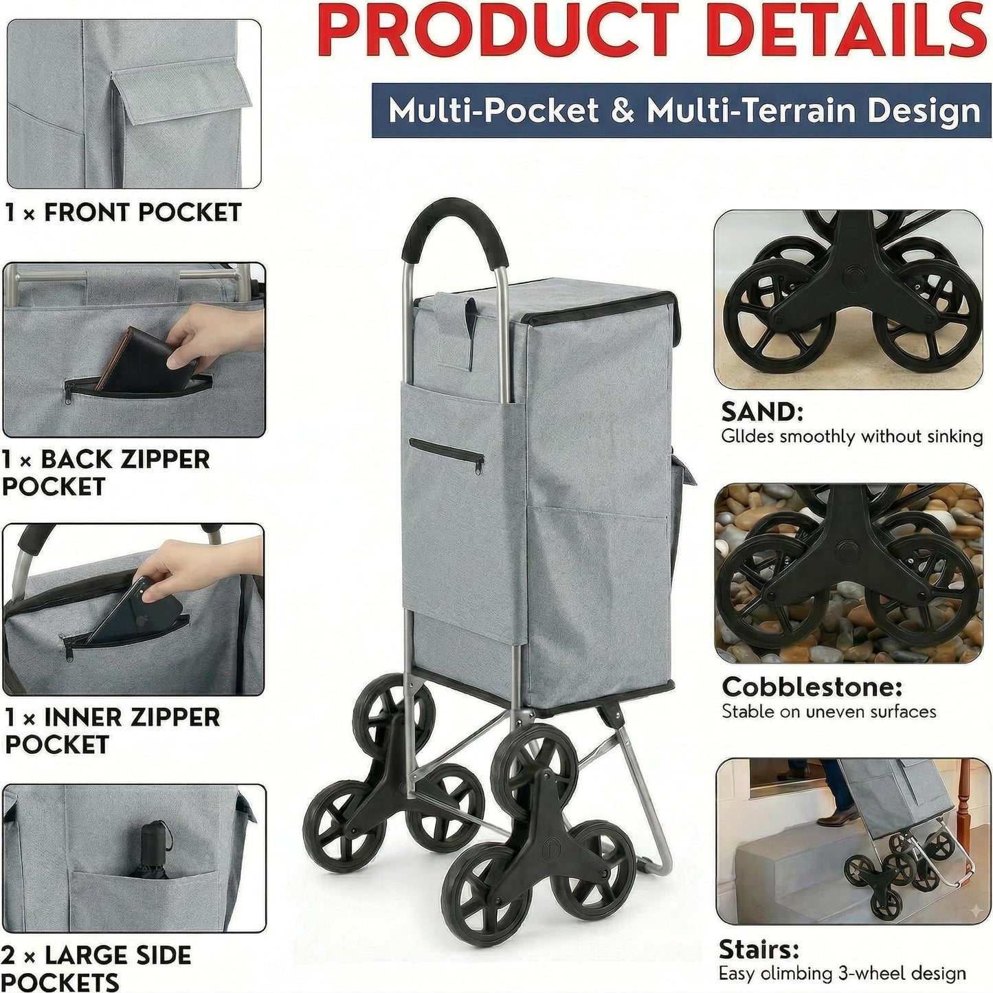 Shopping Cart, Super Loading Stair Climber 220 lbs Capacity, Grocery Foldable Trolley with Extra Large Shopping Bag Laundry Utility Cart with Adjustable Bungee Cord (Gray)