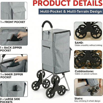 Shopping Cart, Super Loading Stair Climber 220 lbs Capacity, Grocery Foldable Trolley with Extra Large Shopping Bag Laundry Utility Cart with Adjustable Bungee Cord (Gray)