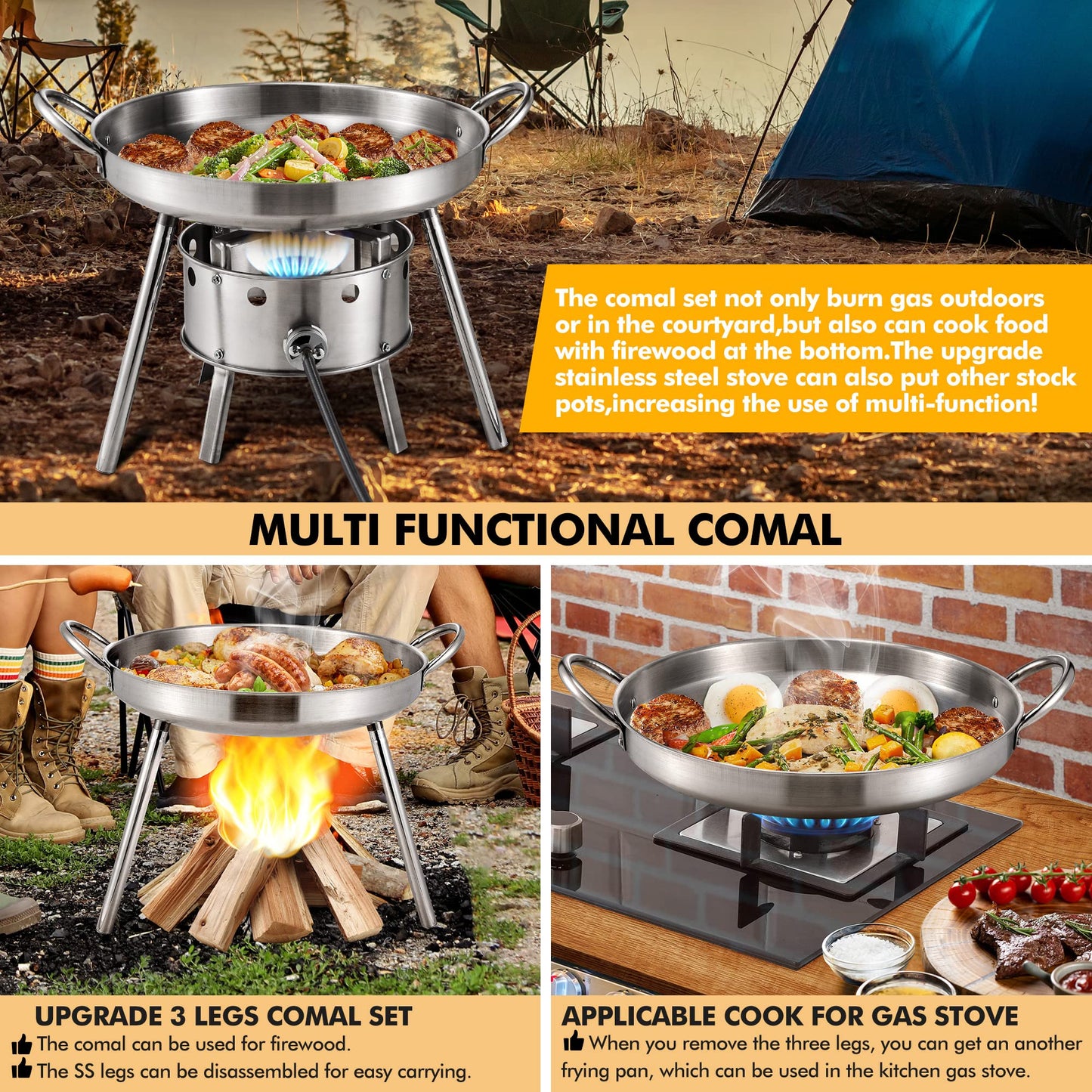 AOSION Heavy Duty 21" Stainless Steel Single Burner Propane Stove with Comal Set,37,000 BTU High-Pressure Outdoor Propane Burner Cooker,Discada Disc Cooker,Great for backyard and outdoor cooking.