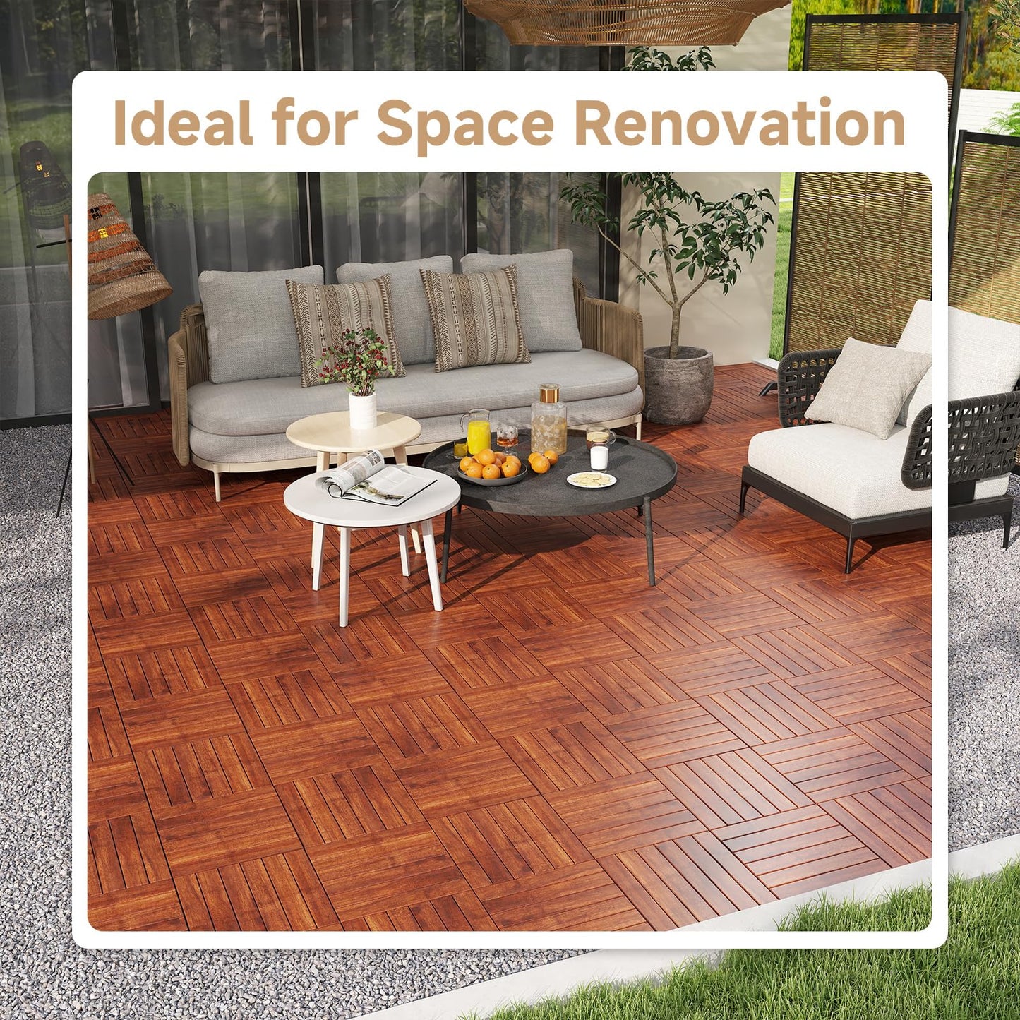 Rovibek Acacia Wood Interlocking Deck Tiles, 30PCS 12"x12" Outdoor Waterproof Decking Tiles, All Weather Use for Balcony Patio Backyard Poolside, Indoor & Outdoor, Striped Brown