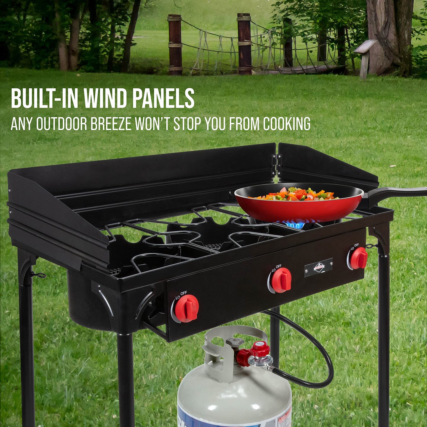 Hike Crew Cast Iron 3-Burner Outdoor Gas Stove | 225,000 BTU Portable Propane Cooktop w/Blue Flame Control, Removable Legs, Temperature Control Knobs, Wind Panel, Hose, Regulator & Storage Carry Case