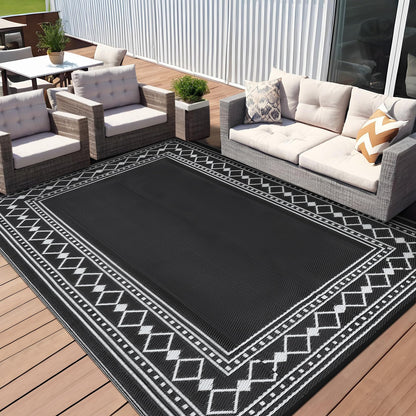 GlowSol 10x14 Outdoor Rug Waterproof Reversible Camping Mat, Plastic Straw Rug for RV Deck Backyard Porch Balcony Lawn & Beach, Easy Cleaning Outdoor Patio Rugs for Outside Decor, Black/White