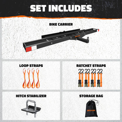 Mockins 500 lbs Capacity Anti-Tilt Motorcycle Hitch Carrier w/Loading Ramp | 73" Heavy Duty Steel Fat Tire eBike Rack & Dirt Bike Rack for Car Hitch 2" Receivers | Weatherproof Motorcycle Carrier Set