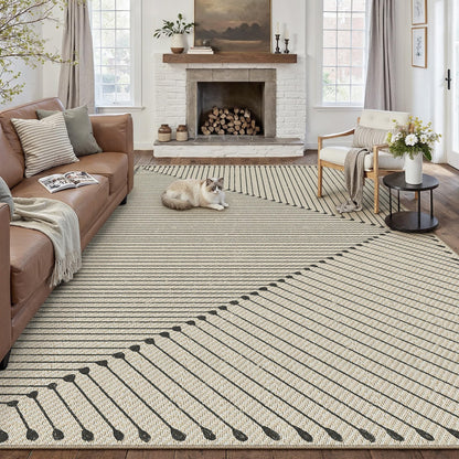 HUGEAR 8'x10' Outdoor Rug Black Geometric Waterproof Patio Rugs Linen-Look Modern Area Rug Outside Floor Mat for Camping RV Deck Porch Balcony Backyard Beach Picnic Carpet Decor
