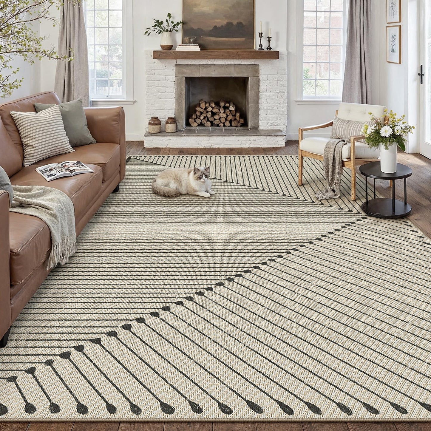 HUGEAR 8'x10' Outdoor Rug Black Geometric Waterproof Patio Rugs Linen-Look Modern Area Rug Outside Floor Mat for Camping RV Deck Porch Balcony Backyard Beach Picnic Carpet Decor