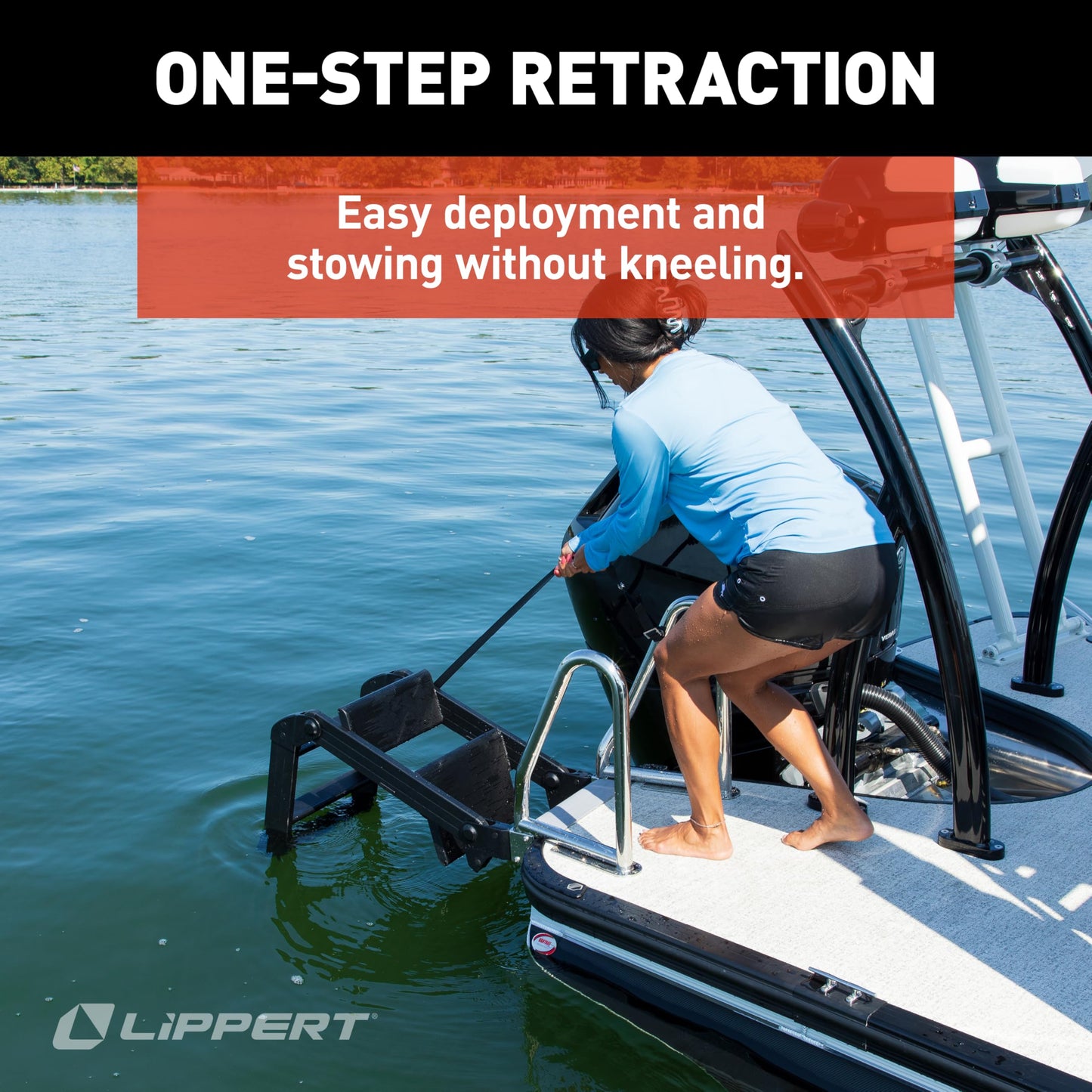 Lippert SureStep Pontoon Ladder for Boats, Slip-Resistant Steps, Easy Boarding for Kids & Dogs, Stainless Steel Handrails, Powder-Coated Aluminum Steps, Saltwater Rated - 2025041871