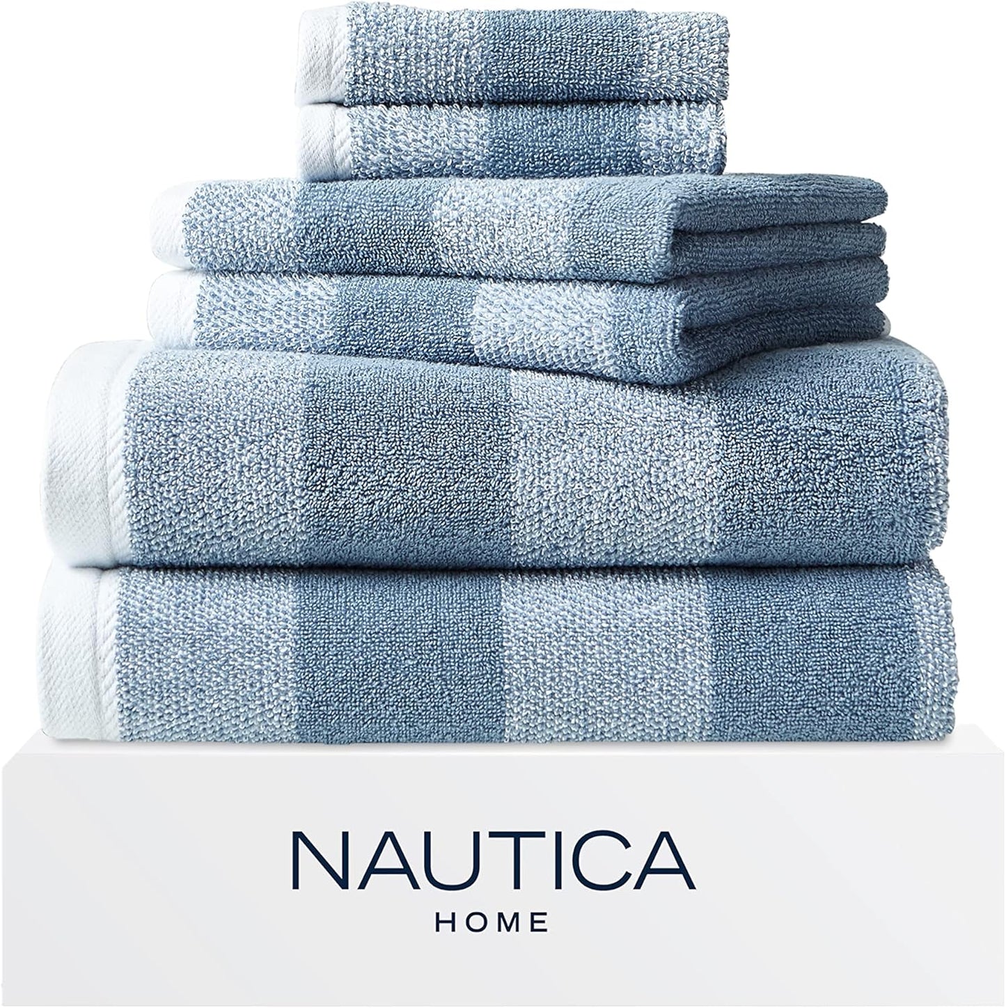 Nautica Bath Towel Set - Plush Cotton, Quick-Dry & Absorbent | Striped Americana Decor, Set of 6 in Oak Lake Blue