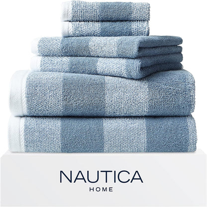 Nautica Bath Towel Set - Plush Cotton, Quick-Dry & Absorbent | Striped Americana Decor, Set of 6 in Oak Lake Blue