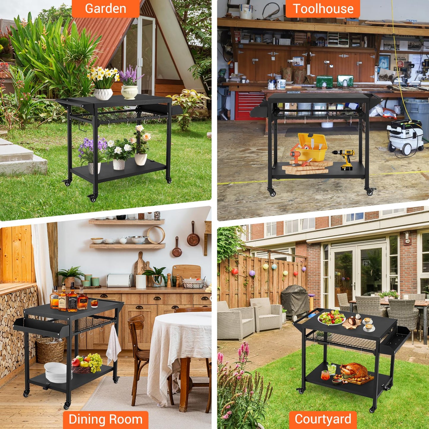 GAOMON 3-Shelf Outdoor Grill Table with Mesh Shelf, Rolling Grill Cart with Wheels, Pizza Oven & Food Prep Table, Blackstone Griddle Stand with Propane Tank Hook for Outside BBQ