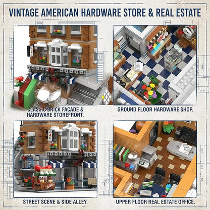 Vintage American Hardware Store Building Blocks 3-Story Modular Street View with Hot Dog Cart &amp 7 Figures 3642 Pieces Adult Building Kit Collectible City Architecture Model