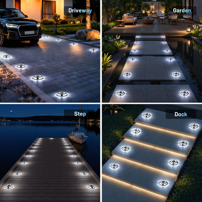 Solar Driveway Lights, 12 Pack Heavy Duty Driveway Lights Solar Powered 2 Color Mode (Cool/Warm White) IP68 Waterproof Outdoor Solar Deck Lights with Ground Stake for Pathway Garden Yard Walkway Dock