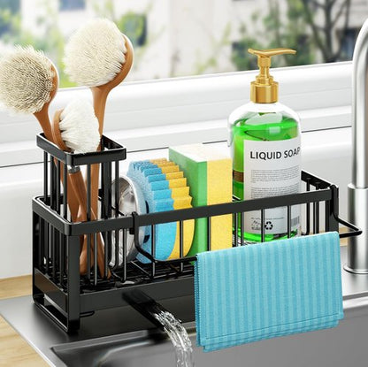 HapiRm Sponge Holder - Self-Draining Sink Caddy with Brush & Dishcloth Holders | Black Stainless Steel