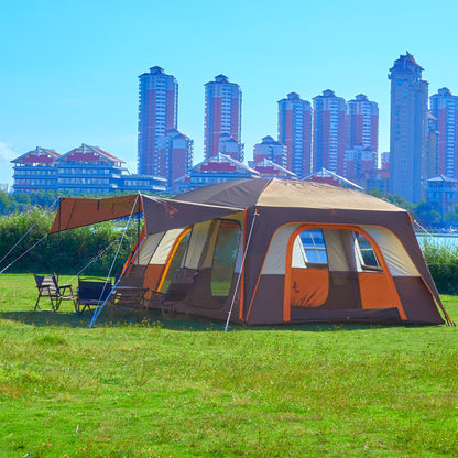KTT Extra Large Tent 12-14 Person,Family Cabin Tents,2 Rooms,Straight Wall,2 Doors 4 Windows with Mesh,Waterproof,Straight Wall,Big Tent for Outdoor,Picnic,Camping,Gathering(Brown)