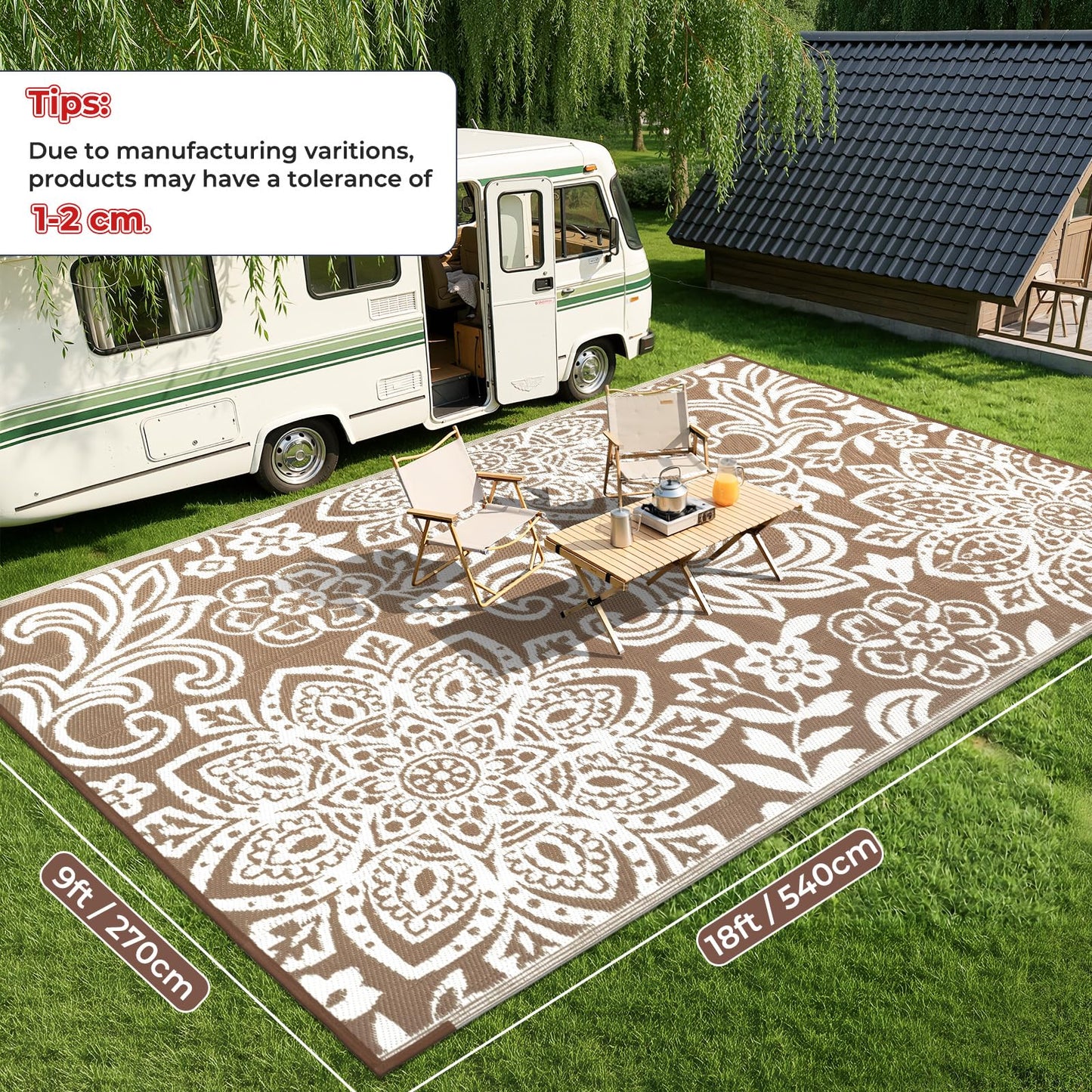 Findosom Waterproof Outdoor Rug 9' x 18' - Reversible Mandala Outdoor Plastic Straw Rug, Durable Foldable Patio Rug for RV, Deck, Balcony, Backyard, Picnic, Porch, Camping, Beach, Brown
