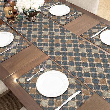 Loom and Mill Elegant Chenille Placemats Set of 4, Chic Checkered Pattern Jacquard Table Place Mats for Dining Table Kitchen Decor, Double Layer Dining Table Mats (Blue-Grey+Khaki+Beige, 12x18 inch)
